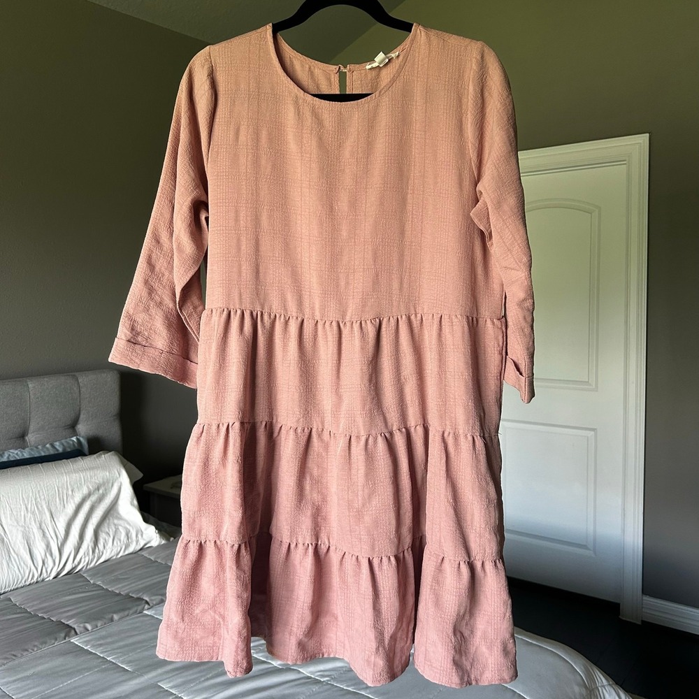 Women's Logenlook Mod Pink 3/4 sleeve short ruffle style dress SZ L flowy comfy